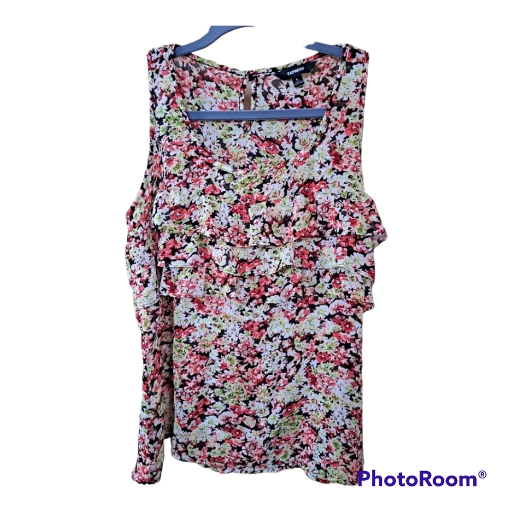 EXPRESS Sheer Floral Ruffled Sleeveless Tank Blouse Size L